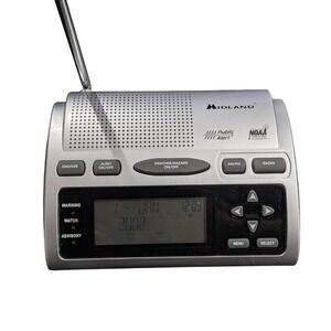 Midland WR-300 Weather Alert Radio Silver Black NOAA AM/FM S.A.M.E. No Cord